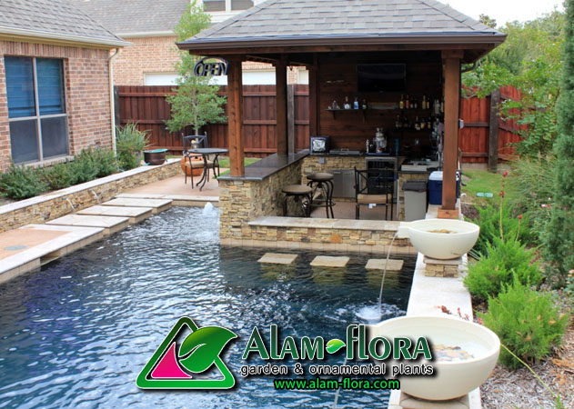 swimming-pool-with-waterfall-and-water-fountain-for-fascinating-small-backyard-using-modern-gazebo-design